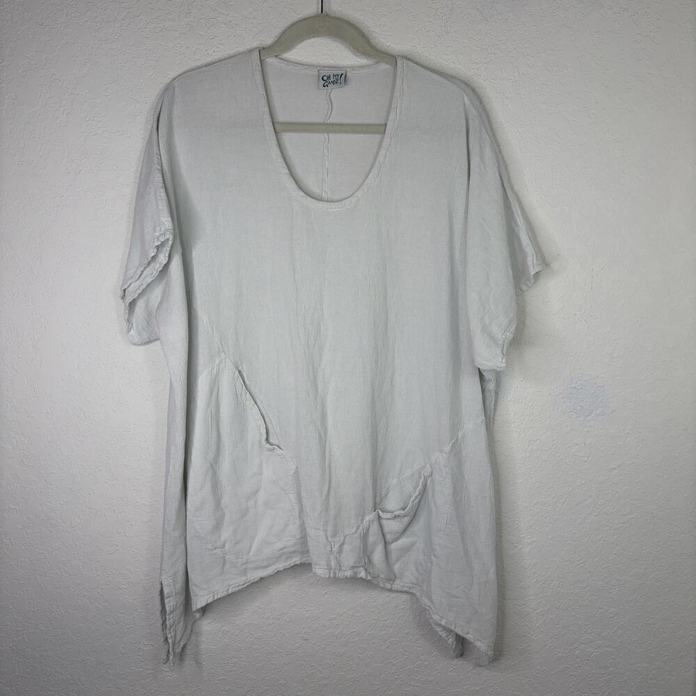 Oh My Gauze Off White Asymmetrical Hem Blouse Size OS? Front Pockets Lagenlook
